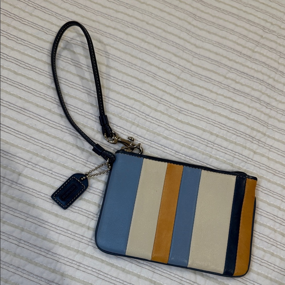 COACH Striped Wristlet with Blue and Tan Accents